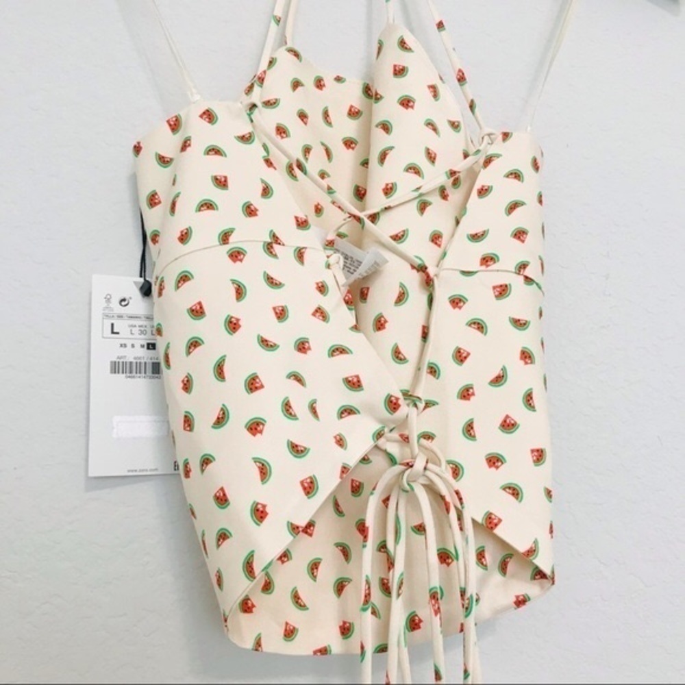 New! ZARA Y2K Watermelon Strappy Bandanna Satin Cropped Printed Blouse Top - Picture 6 of 9